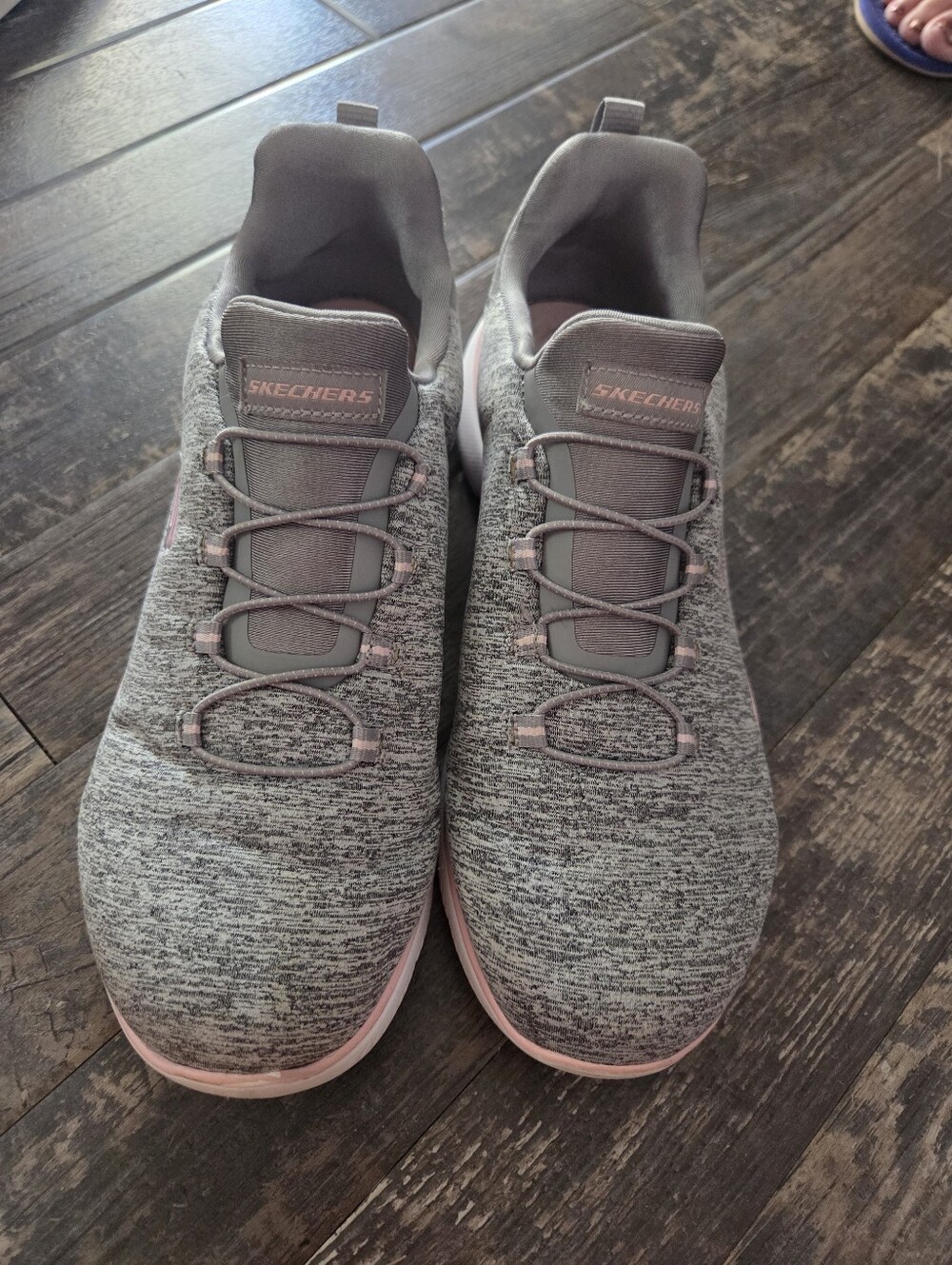 Skechers Women's Grey Knit Athletic Slip-On Sneakers with Pink Trim